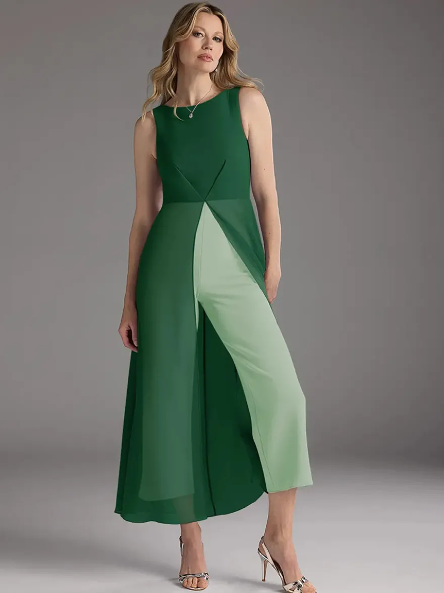 Robe mère de la mariée col bijou sans manches deux pièces plissée longueur thé robes d'invitées pour mariage