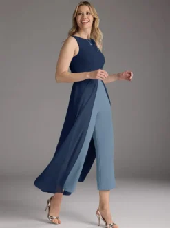 Robe mère de la mariée col bijou sans manches deux pièces plissée longueur thé robes d'invitées pour mariage