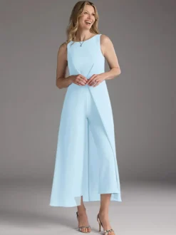 Robe mère de la mariée col bijou sans manches deux pièces plissée longueur thé robes d'invitées pour mariage