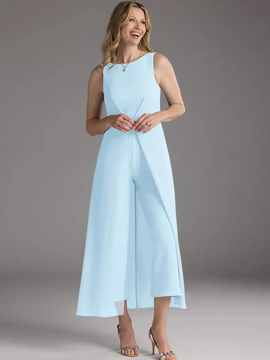 Robe mère de la mariée col bijou sans manches deux pièces plissée longueur thé robes d'invitées pour mariage