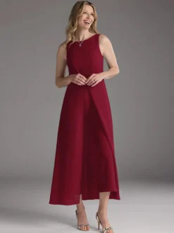 Robe mère de la mariée col bijou sans manches deux pièces plissée longueur thé robes d'invitées pour mariage