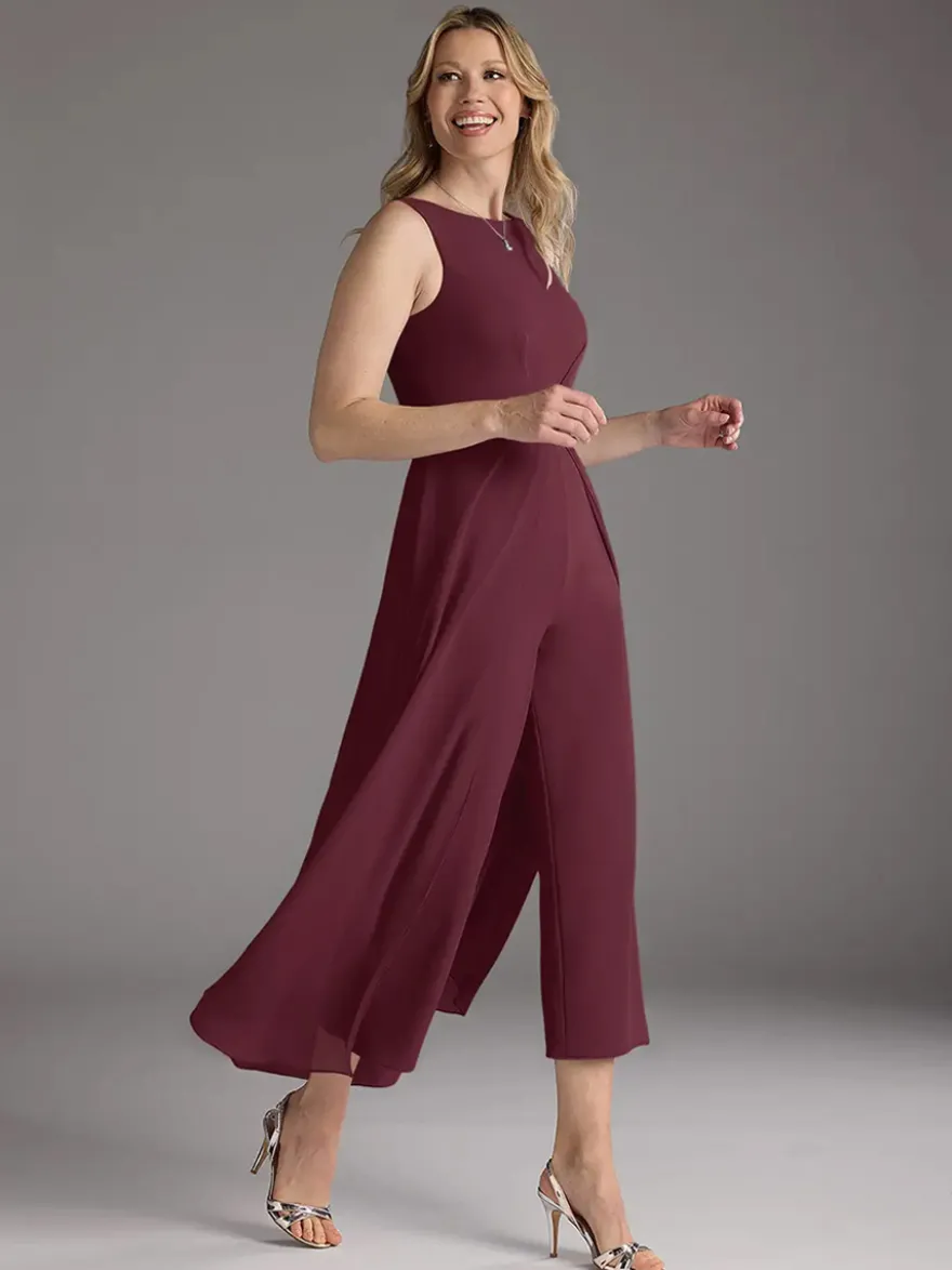 Robe mère de la mariée col bijou sans manches deux pièces plissée longueur thé robes d'invitées pour mariage