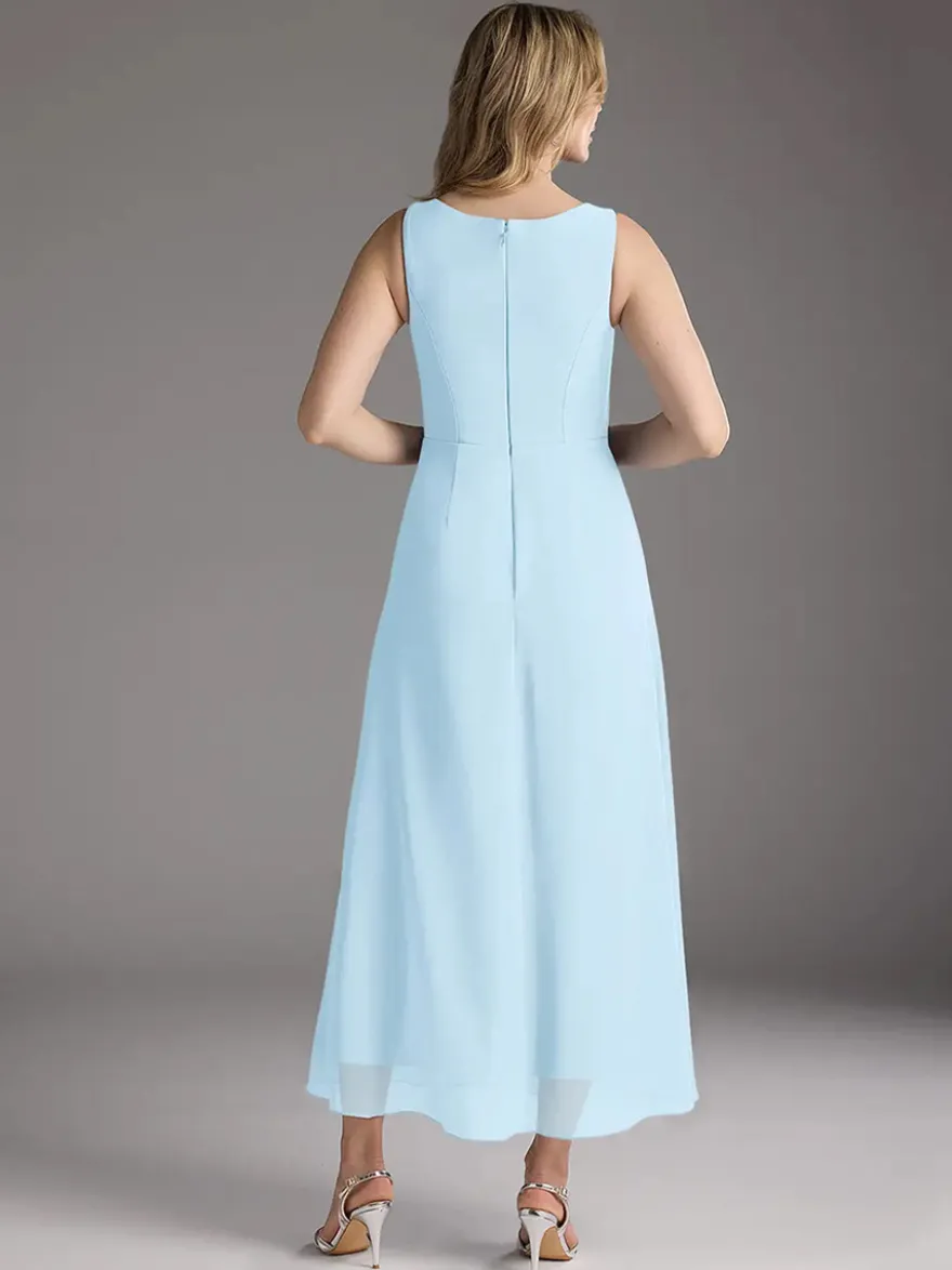 Robe mère de la mariée col bijou sans manches deux pièces plissée longueur thé robes d'invitées pour mariage