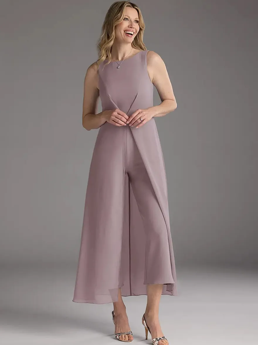 Robe mère de la mariée col bijou sans manches deux pièces plissée longueur thé robes d'invitées pour mariage