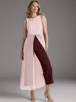 Robe mère de la mariée col bijou sans manches deux pièces plissée longueur thé robes d'invitées pour mariage