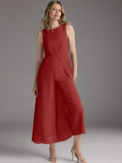 Robe mère de la mariée col bijou sans manches deux pièces plissée longueur thé robes d'invitées pour mariage