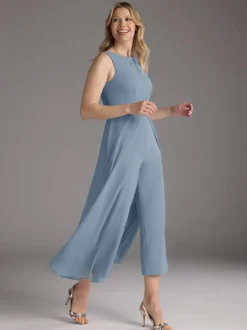 Robe mère de la mariée col bijou sans manches deux pièces plissée longueur thé robes d'invitées pour mariage