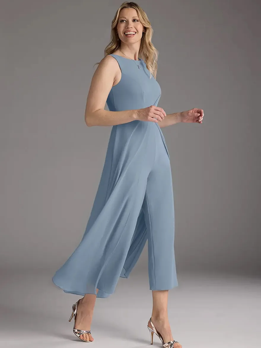 Robe mère de la mariée col bijou sans manches deux pièces plissée longueur thé robes d'invitées pour mariage