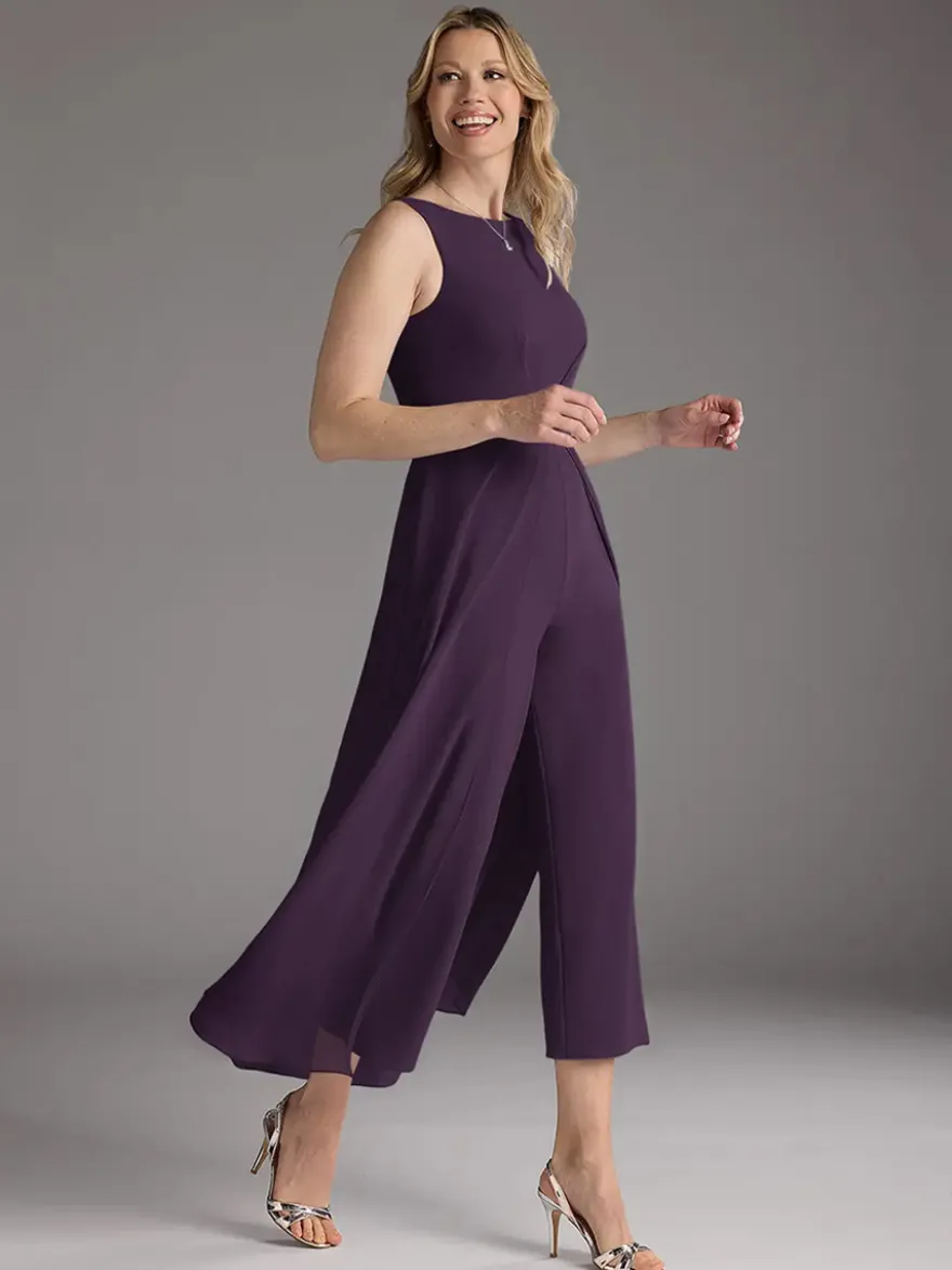 Robe mère de la mariée col bijou sans manches deux pièces plissée longueur thé robes d'invitées pour mariage