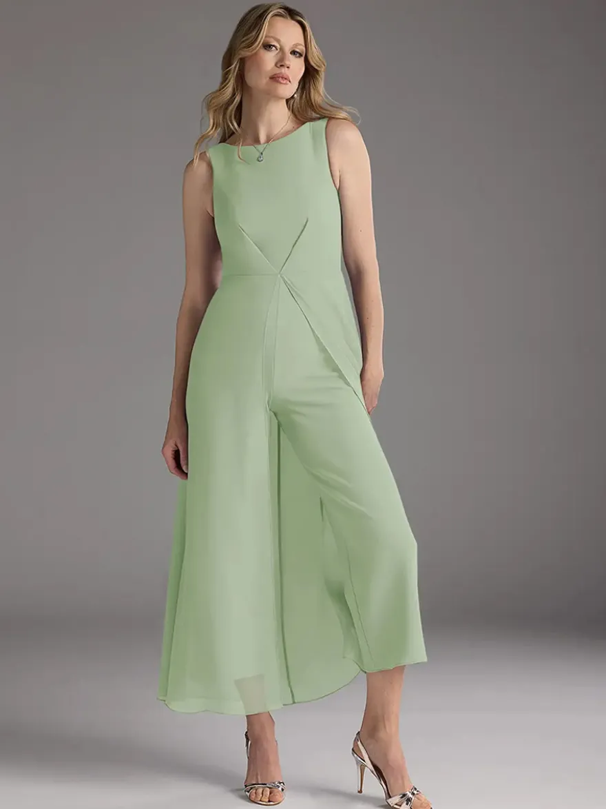 Robe mère de la mariée col bijou sans manches deux pièces plissée longueur thé robes d'invitées pour mariage