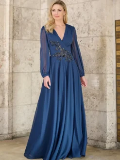 Robe mère de la mariée à col en V et manches longues avec appliques et longueur au sol