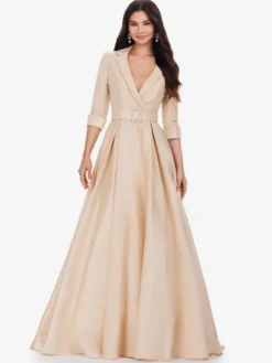 Robe mère de la mariée à col en V et manches 3/4 avec ceinture et traîne