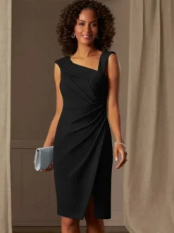 Robe mère de la mariée décolleté sans manches coupe trapèze plissée pour les invités de mariage