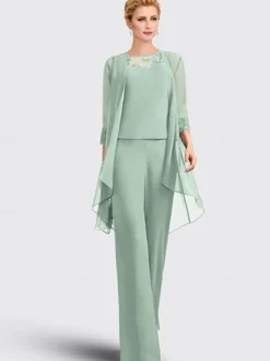 Robe mère de la mariée 3 pièces décolleté illusion manches 3/4 en dentelle pour invitée de mariage