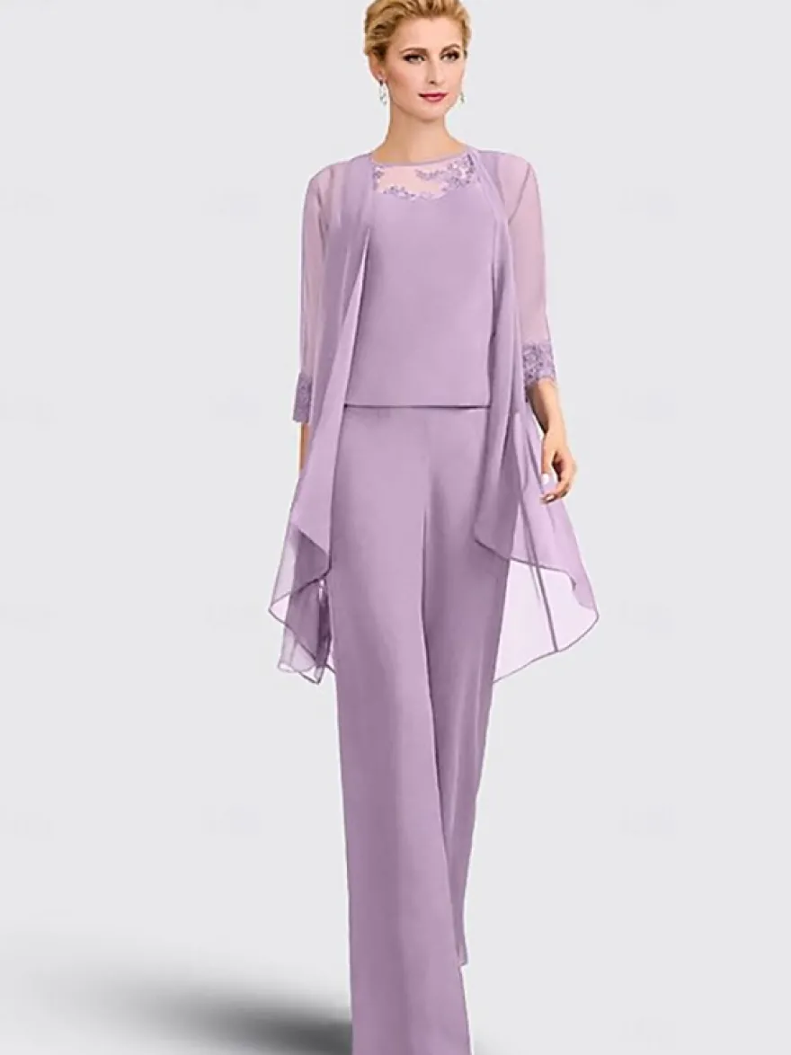 Robe mère de la mariée 3 pièces décolleté illusion manches 3/4 en dentelle pour invitée de mariage