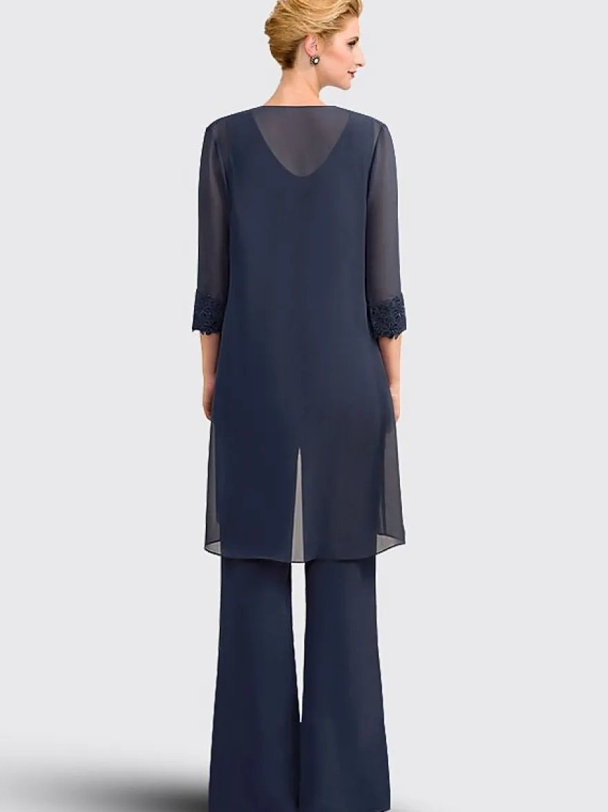 Robe mère de la mariée 3 pièces décolleté illusion manches 3/4 en dentelle pour invitée de mariage