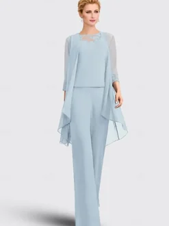 Robe mère de la mariée 3 pièces décolleté illusion manches 3/4 en dentelle pour invitée de mariage