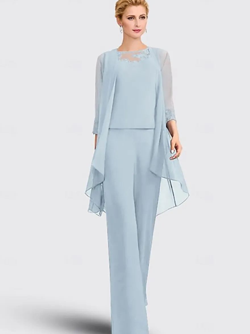 Robe mère de la mariée 3 pièces décolleté illusion manches 3/4 en dentelle pour invitée de mariage