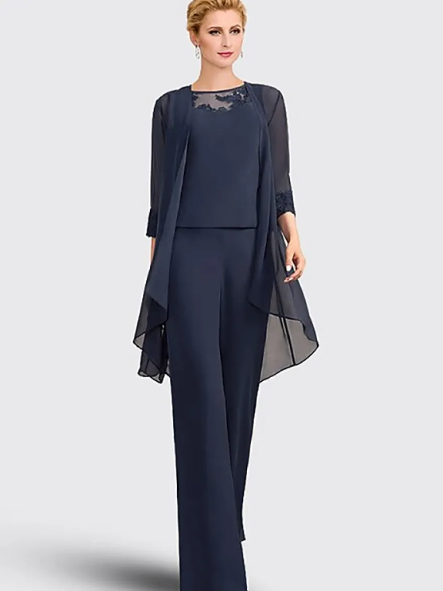 Robe mère de la mariée 3 pièces décolleté illusion manches 3/4 en dentelle pour invitée de mariage