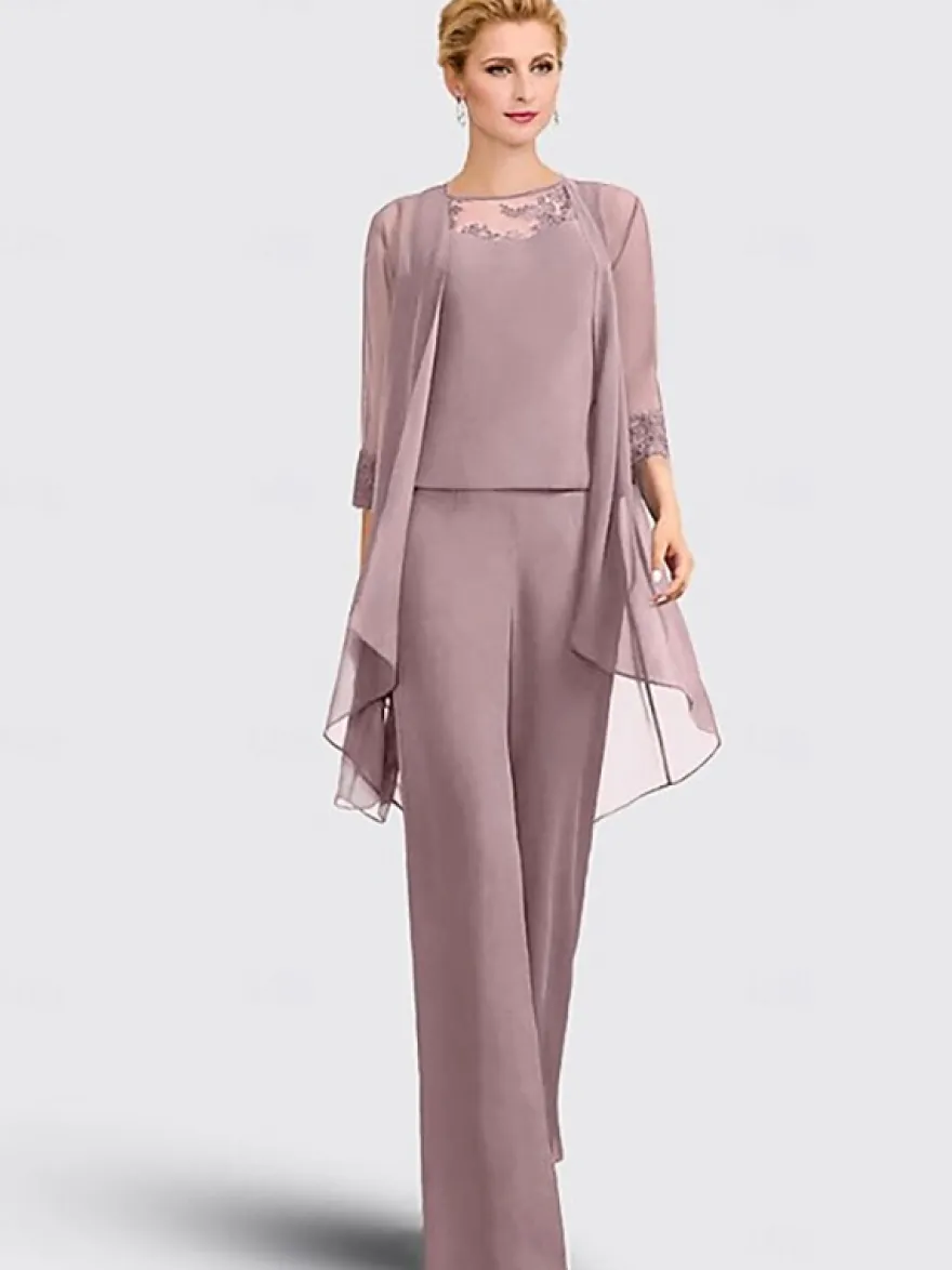 Robe mère de la mariée 3 pièces décolleté illusion manches 3/4 en dentelle pour invitée de mariage