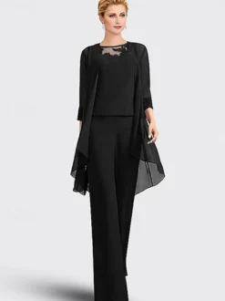 Robe mère de la mariée 3 pièces décolleté illusion manches 3/4 en dentelle pour invitée de mariage