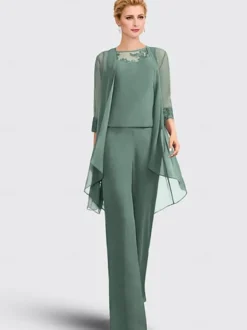 Robe mère de la mariée 3 pièces décolleté illusion manches 3/4 en dentelle pour invitée de mariage