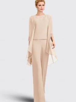 Robe mère de la mariée 3 pièces décolleté illusion manches 3/4 en dentelle pour invitée de mariage