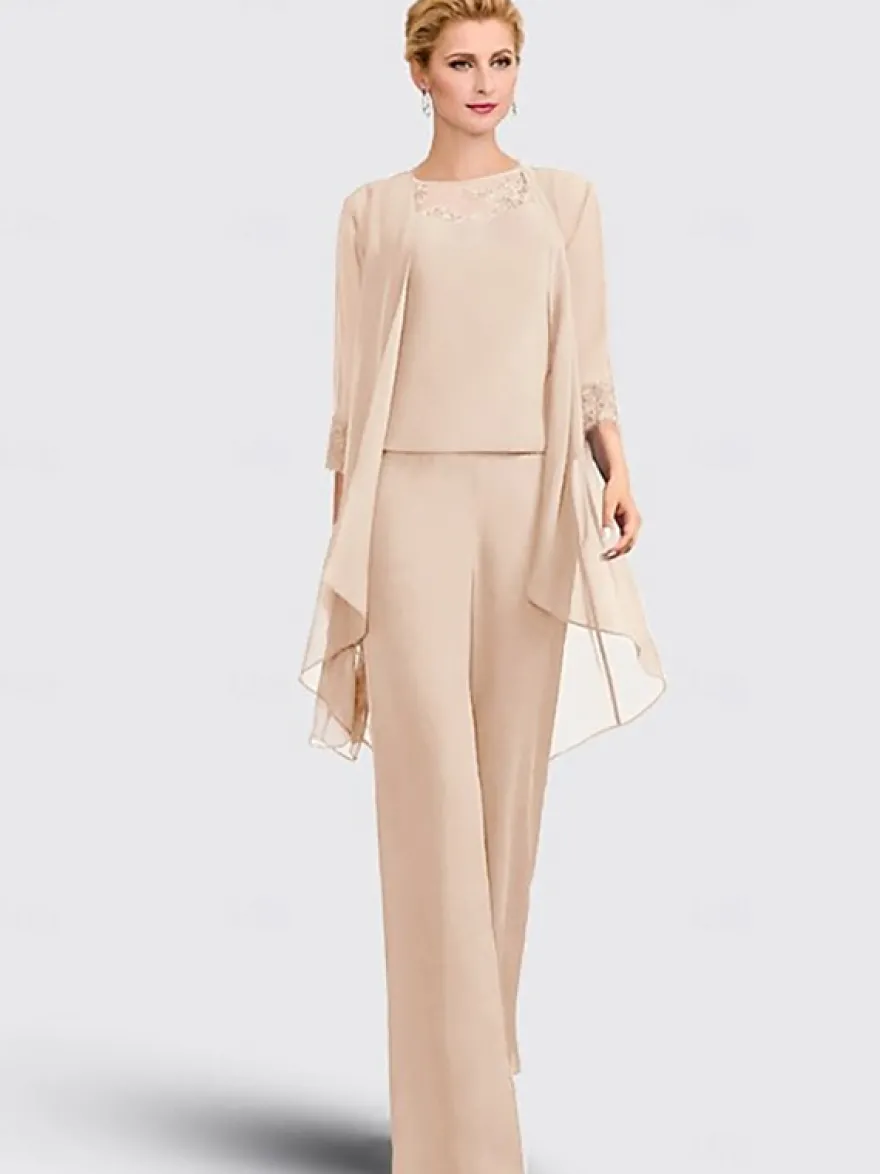 Robe mère de la mariée 3 pièces décolleté illusion manches 3/4 en dentelle pour invitée de mariage