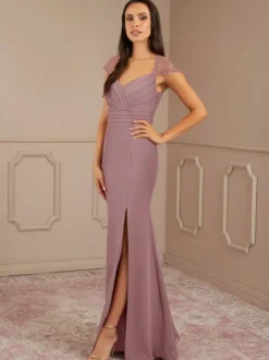 Robe mère de la sirène plissée col en V manches courtes robes d'invitées de mariage