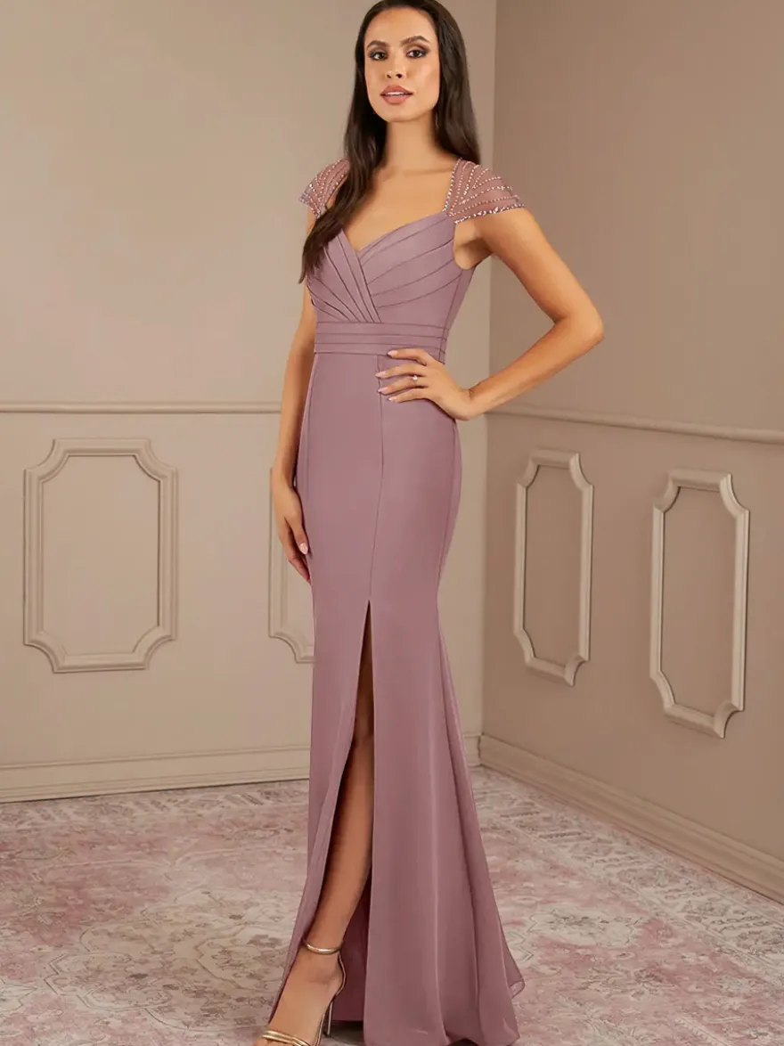 Robe mère de la sirène plissée col en V manches courtes robes d'invitées de mariage