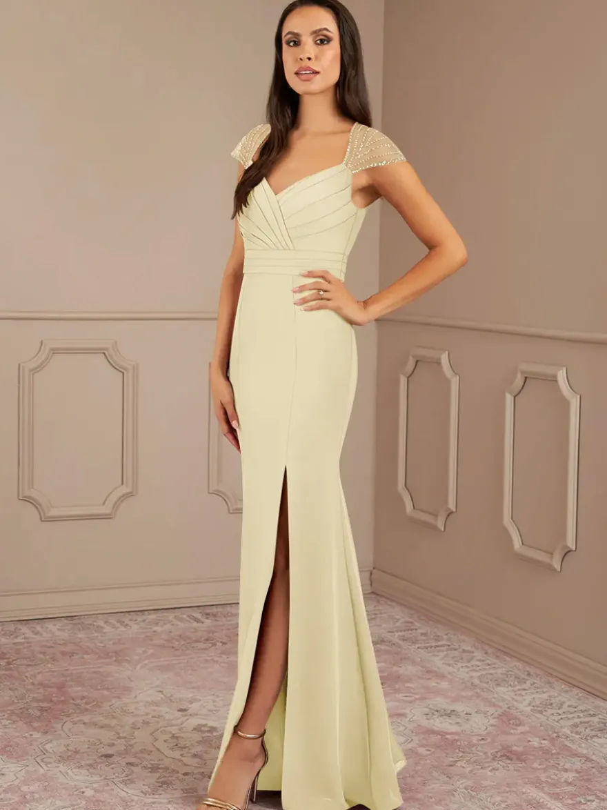 Robe mère de la sirène plissée col en V manches courtes robes d'invitées de mariage