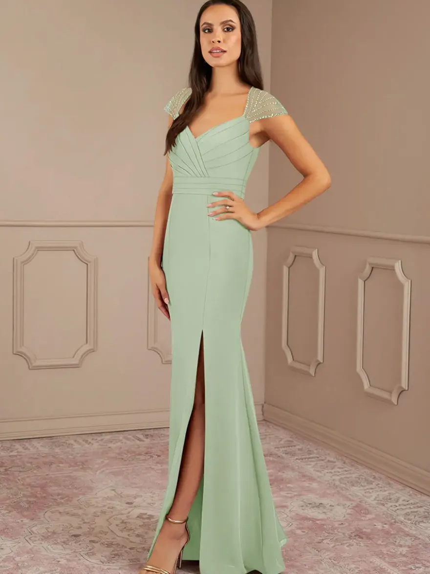 Robe mère de la sirène plissée col en V manches courtes robes d'invitées de mariage
