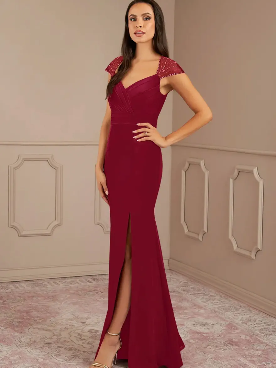 Robe mère de la sirène plissée col en V manches courtes robes d'invitées de mariage