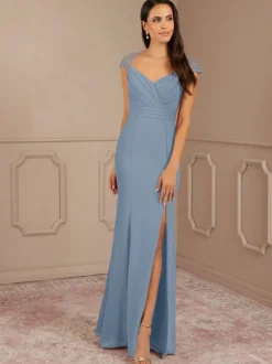 Robe mère de la sirène plissée col en V manches courtes robes d'invitées de mariage