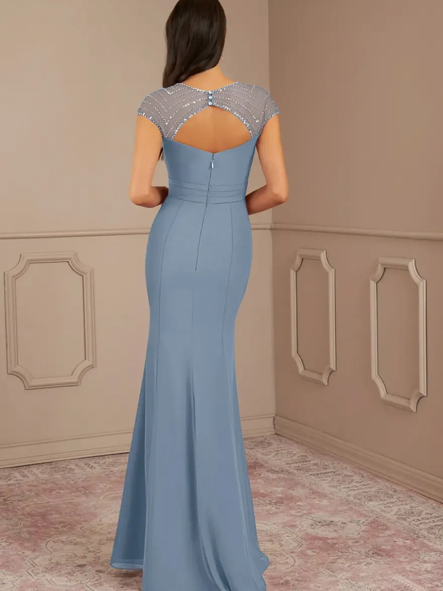 Robe mère de la sirène plissée col en V manches courtes robes d'invitées de mariage