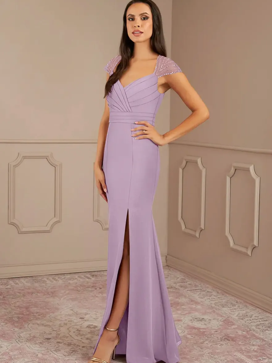 Robe mère de la sirène plissée col en V manches courtes robes d'invitées de mariage