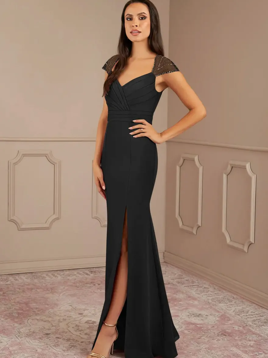Robe mère de la sirène plissée col en V manches courtes robes d'invitées de mariage