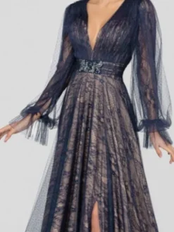 Robe mère de mariée noir en dentelle col V manche longue jupe fendue Robe de soirée