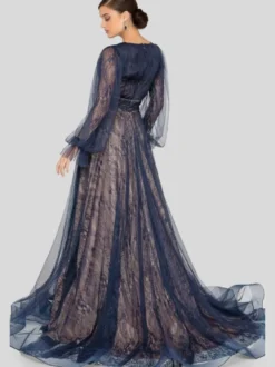 Robe mère de mariée noir en dentelle col V manche longue jupe fendue Robe de soirée