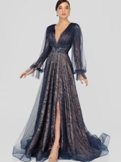 Robe mère de mariée noir en dentelle col V manche longue jupe fendue Robe de soirée