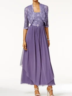 Robe mère de mariée 2 pièces col rond jupe plissée à la cheville