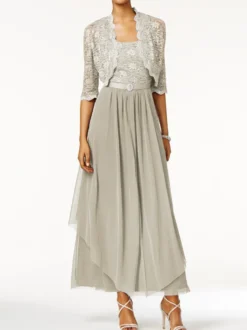Robe mère de mariée 2 pièces col rond jupe plissée à la cheville