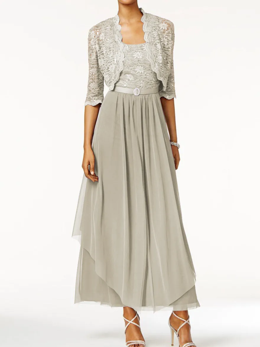 Robe mère de mariée 2 pièces col rond jupe plissée à la cheville