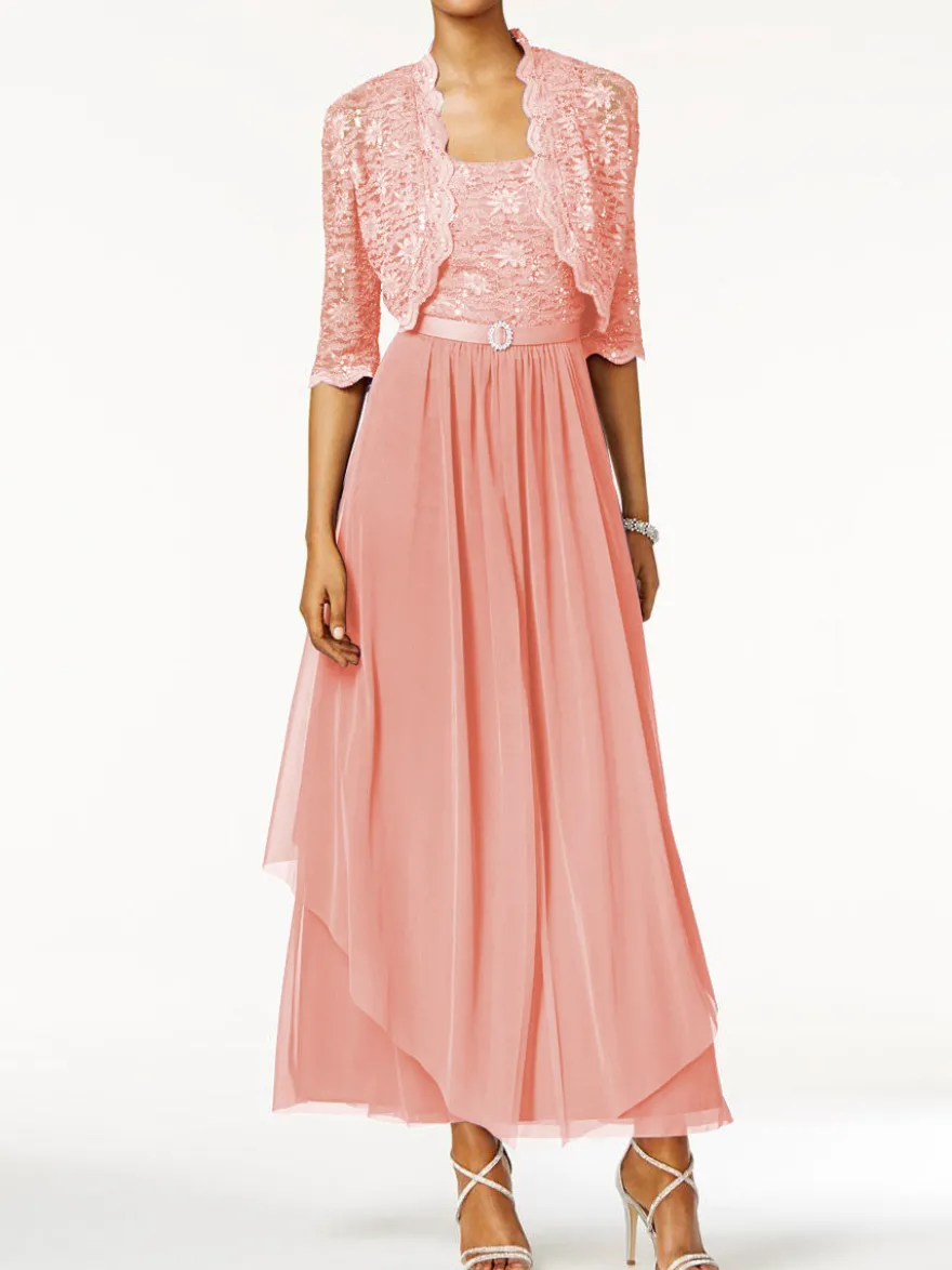 Robe mère de mariée 2 pièces col rond jupe plissée à la cheville