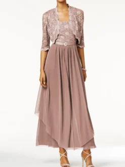 Robe mère de mariée 2 pièces col rond jupe plissée à la cheville