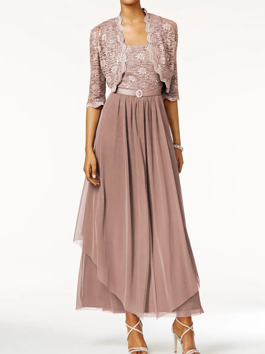 Robe mère de mariée 2 pièces col rond jupe plissée à la cheville