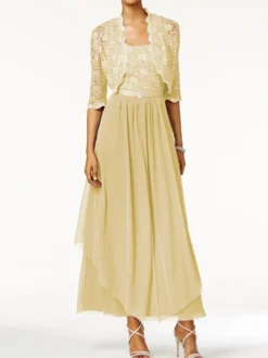 Robe mère de mariée 2 pièces col rond jupe plissée à la cheville