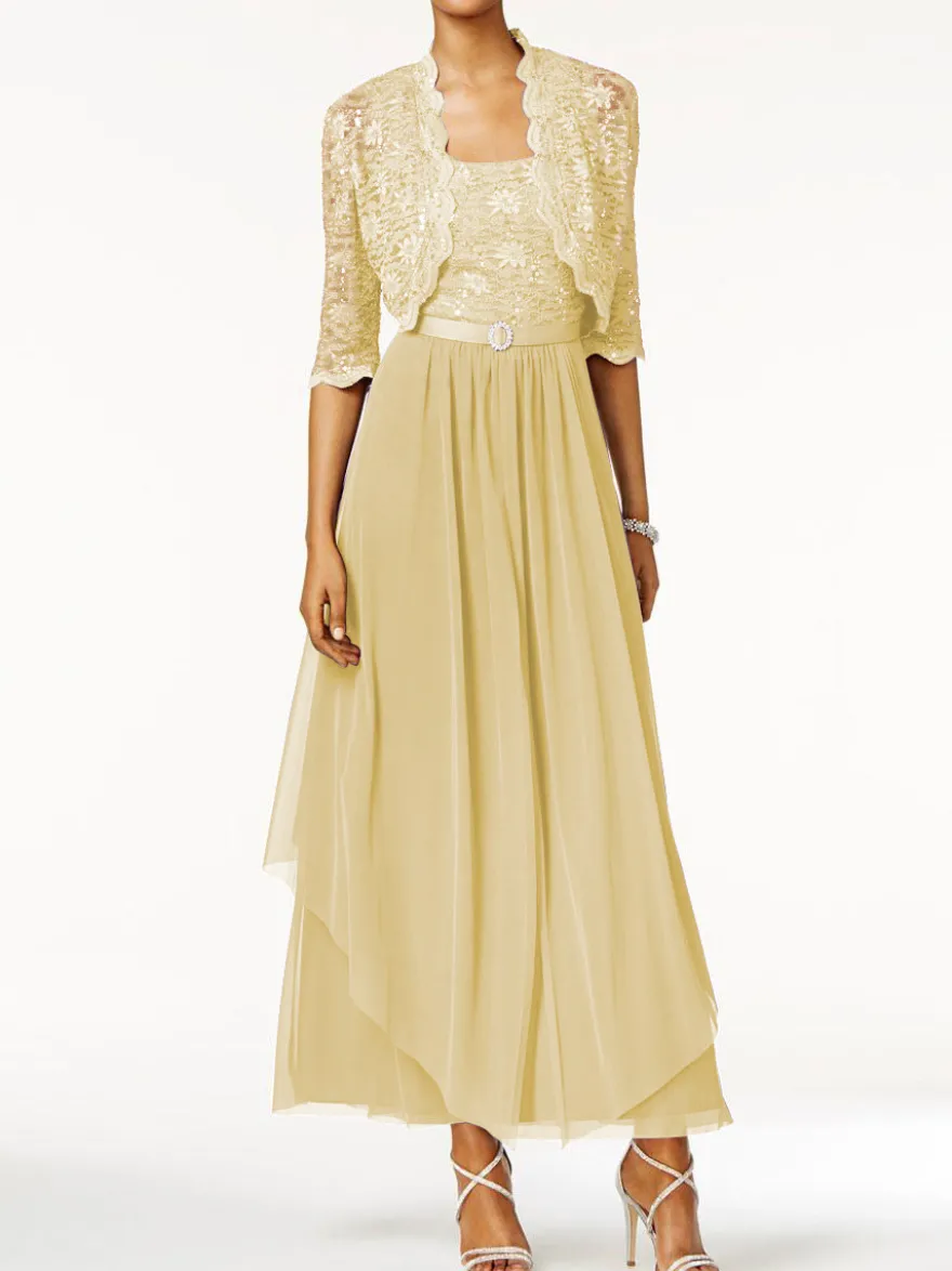 Robe mère de mariée 2 pièces col rond jupe plissée à la cheville