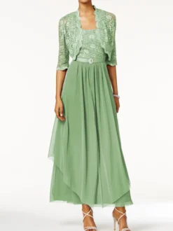 Robe mère de mariée 2 pièces col rond jupe plissée à la cheville