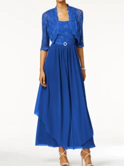 Robe mère de mariée 2 pièces col rond jupe plissée à la cheville